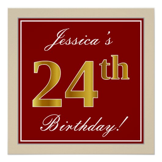 Elegant, rood, Faux Gold 24th Birthday; Naam op ma Perfect Poster (Voorkant)