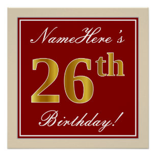 Elegant, rood, Faux Gold 26th Birthday; Naam op ma Perfect Poster