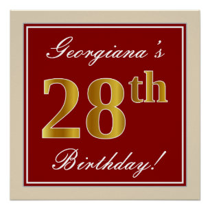 Elegant, rood, Faux Gold 28th Birthday; Naam op ma Perfect Poster