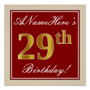Elegant, rood, Faux Gold 29th Birthday; Naam op ma Perfect Poster