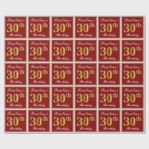 Elegant, rood, Faux Gold 30th Birthday; Naam op ma Cadeaupapier