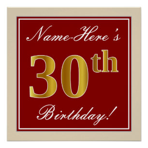 Elegant, rood, Faux Gold 30th Birthday; Naam op ma Perfect Poster