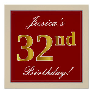 Elegant, rood, Faux Gold 32e verjaardag; Naam op m Perfect Poster