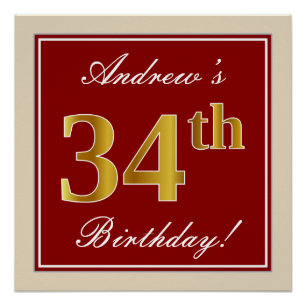 Elegant, rood, Faux Gold 34th Birthday; Naam op ma Perfect Poster