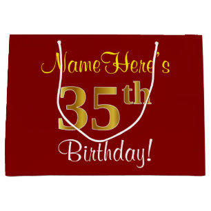 Elegant, rood, Faux Gold 35th Birthday; Naam op ma Large Cadeautasje