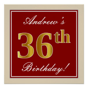 Elegant, rood, Faux Gold 36th Birthday; Naam op ma Perfect Poster
