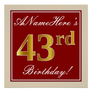 Elegant, rood, Faux Gold 43rd Birthday; Naam op ma Perfect Poster