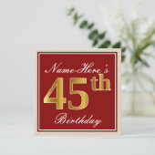 Elegant, rood, Faux Gold 45th Birthday; Naam op ma Kaart (Staand voorkant)