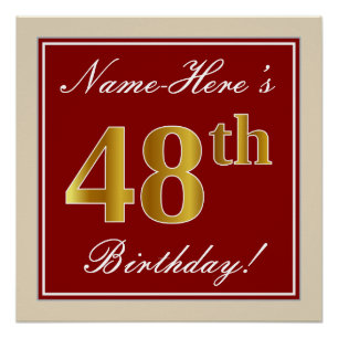 Elegant, rood, Faux Gold 48th Birthday; Naam op ma Perfect Poster