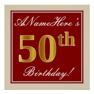 Elegant, rood, Faux Gold 50th Birthday; Naam op ma Perfect Poster