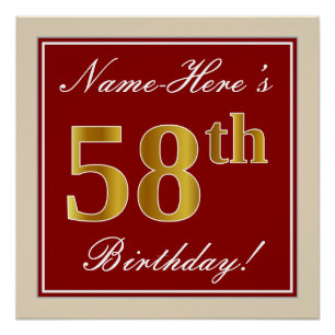 Elegant, rood, Faux Gold 58th Birthday; Naam op ma Perfect Poster