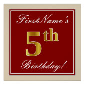 Elegant, rood, Faux Gold 5th Birthday + aangepaste Perfect Poster (Voorkant)