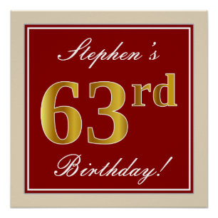 Elegant, rood, Faux Gold 63rd Birthday; Naam op ma Perfect Poster