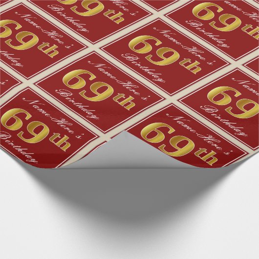 Elegant, rood, Faux Gold 69th Birthday; Naam op ma Cadeaupapier (Hoek)