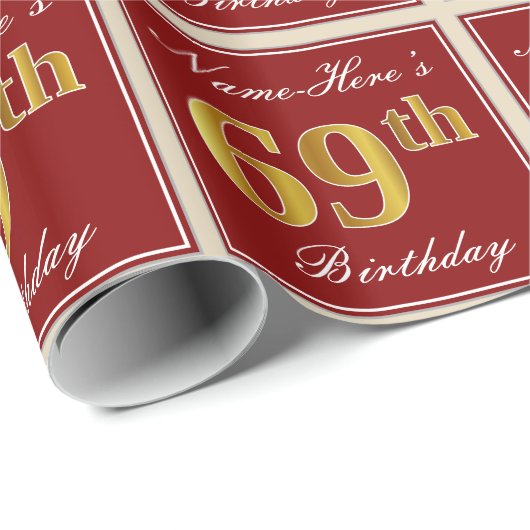 Elegant, rood, Faux Gold 69th Birthday; Naam op ma Cadeaupapier (Rol Hoek)