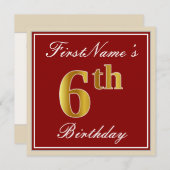 Elegant, rood, Faux Gold 6th Birthday + aangepaste Kaart (Voorkant / Achterkant)