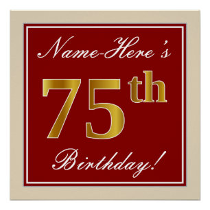 Elegant, rood, Faux Gold 75th Birthday; Naam op ma Perfect Poster