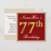 Elegant, rood, Faux Gold 77th Birthday; Naam op ma Kaart (Voorkant / Achterkant)