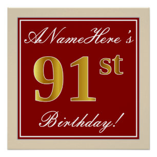 Elegant, rood, Faux Gold 91st verjaardag; Naam op  Perfect Poster