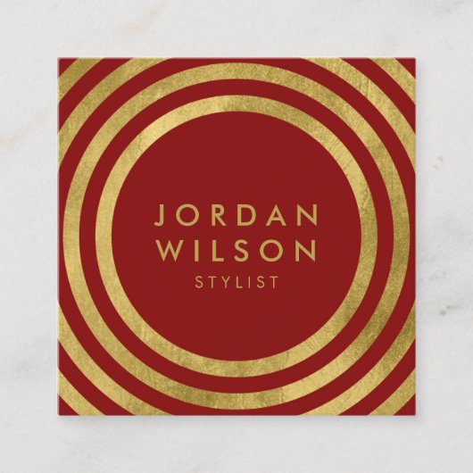 Elegant rood faux goud ronde lijnen geometrisch vierkante visitekaartje (Voorkant)