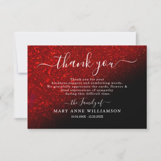 Elegant rood glitter script begrafenis bedankt kaa (Voorkant)