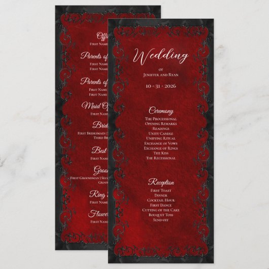 Elegant rood gotisch huwelijksprogramma menu (Voorkant / Achterkant)