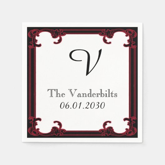 Elegant Rood Gotisch Lijst Monogram Bruiloft Servetten (Voorkant)
