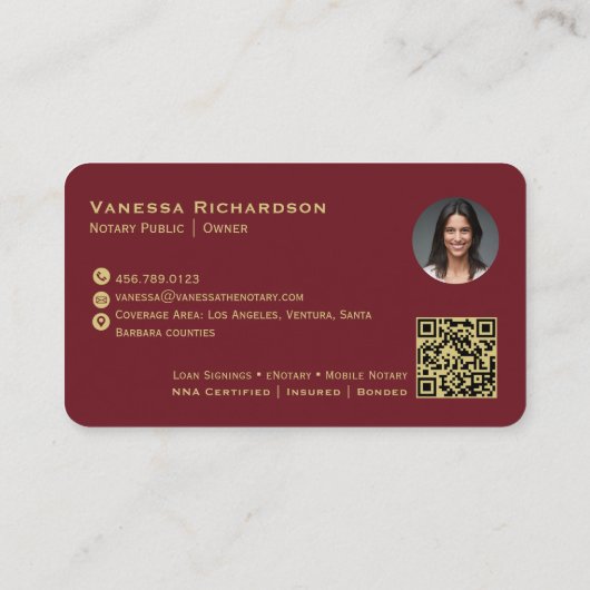 Elegant Rood Goud Monogram QR Code Foto Notaris Visitekaartje (Achterkant)