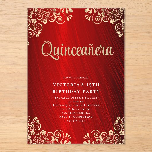 Elegant rood goud quinceañera 15e verjaardag parti acryl uitnodigingen (Voorkant)