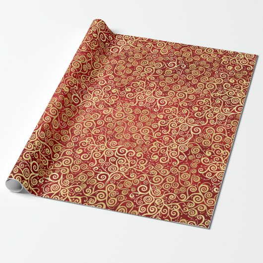Elegant rood & goud spiraalpatroon Boho Kerst Cadeaupapier (Uitgerold)