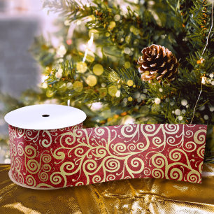Elegant rood & goud spiraalpatroon Boho Kerst Lint