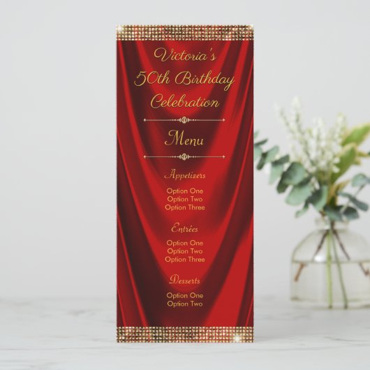 Elegant rood goud verjaardagsfeestje menu programm kaart (Staand voorkant)