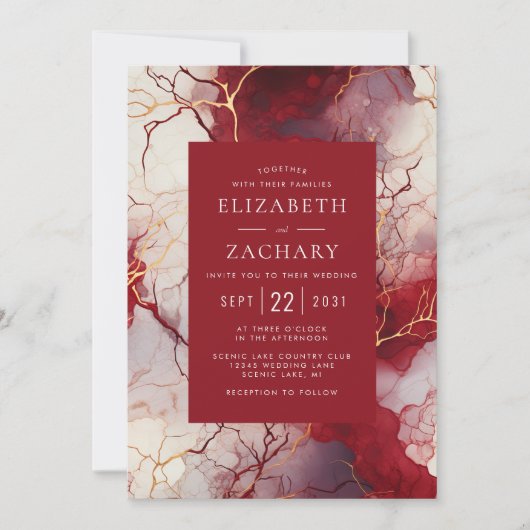 Elegant rood goud wit marmer bruiloft kaart (Voorkant)