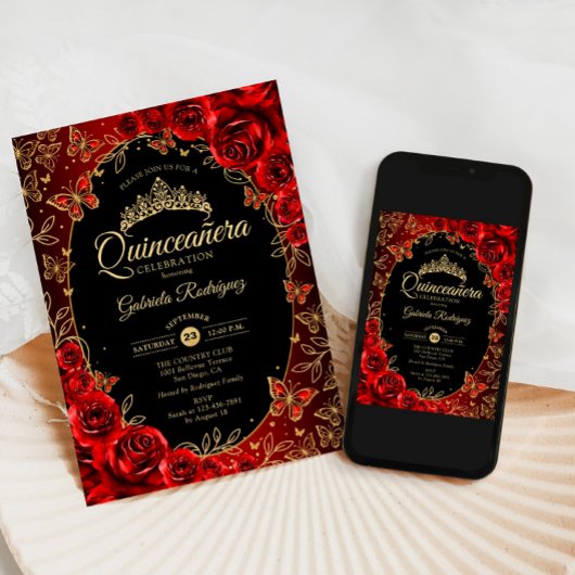 Elegant Rood Goud Zwart Quinceanera Kaart