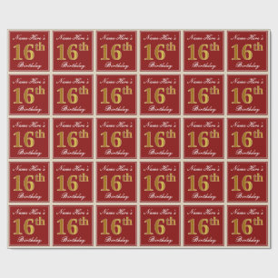 Elegant, Rood, Gouden 16de Verjaardag Faux; De Cadeaupapier