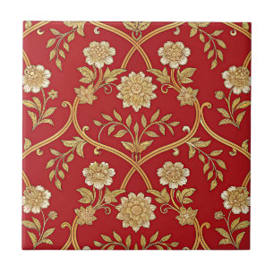 Elegant Rood Gouden Bloem Lattice (1) Tegeltje