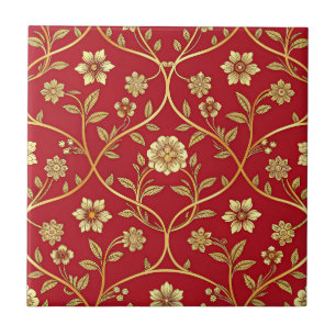 Elegant Rood Gouden Bloem Lattice (2) Tegeltje