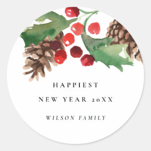 ELEGANT ROOD GROEN HOLLY BERRY PINE CONE NIEUW JAA RONDE STICKER