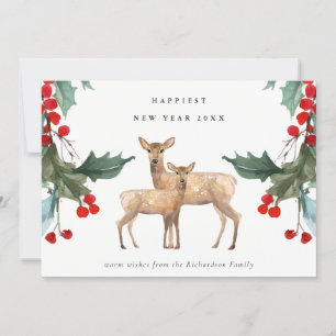 ELEGANT ROOD GROENE HOLLY BES HERT DUO NIEUWJAAR FEESTDAGENKAART