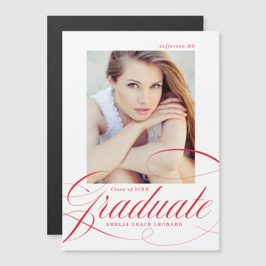 Elegant rood kalligrafie script foto Afstuderen Magnetische Uitnodiging (Voorkant / Achterkant)
