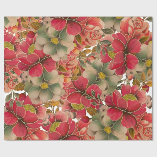 Elegant rood koraal groen goud waterverf floraal cadeaupapier (Vlak)
