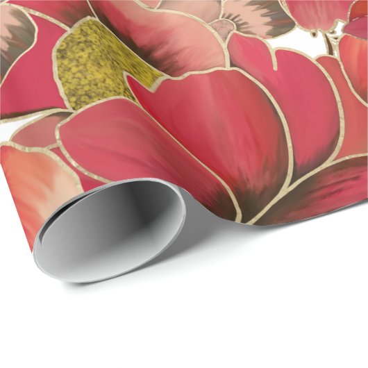 Elegant rood koraal groen goud waterverf floraal cadeaupapier (Rol Hoek)