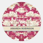 Elegant rood meer toile de jouy monogram ronde sticker (Voorkant)