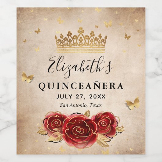 Elegant rood roos en goud kroonperkament papier wijn etiket (Enkel label)