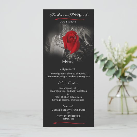 Elegant rood roos vignet bruiloft menu Kaart (Staand voorkant)
