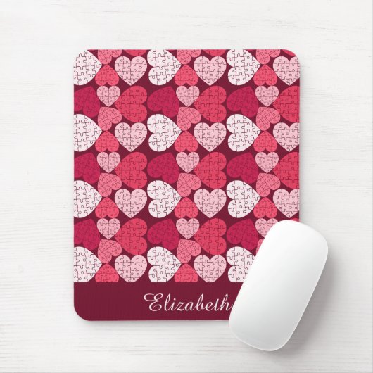 Elegant Rood Roze Jigsaw Puzzel Hart Patroon Naam Muismat (Met muis)