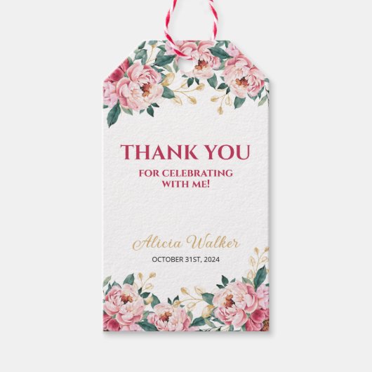 Elegant Rood Roze Pioen Bloem Goud Blad Verjaardag Cadeaulabel (Voorkant)