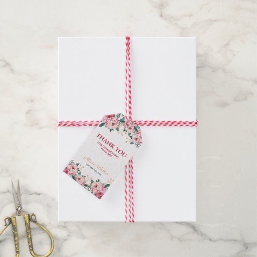 Elegant Rood Roze Pioen Bloem Goud Blad Verjaardag Cadeaulabel (Met Touw)