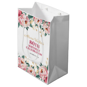 Elegant Rood Roze Pioen Bloem Goud Blad Verjaardag Medium Cadeauzakje