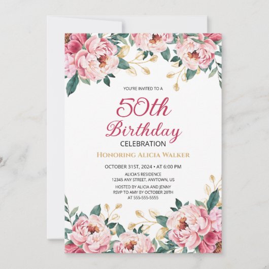 Elegant Rood Roze Pioen Bloemen Goud Blad Verjaard Kaart (Voorkant)